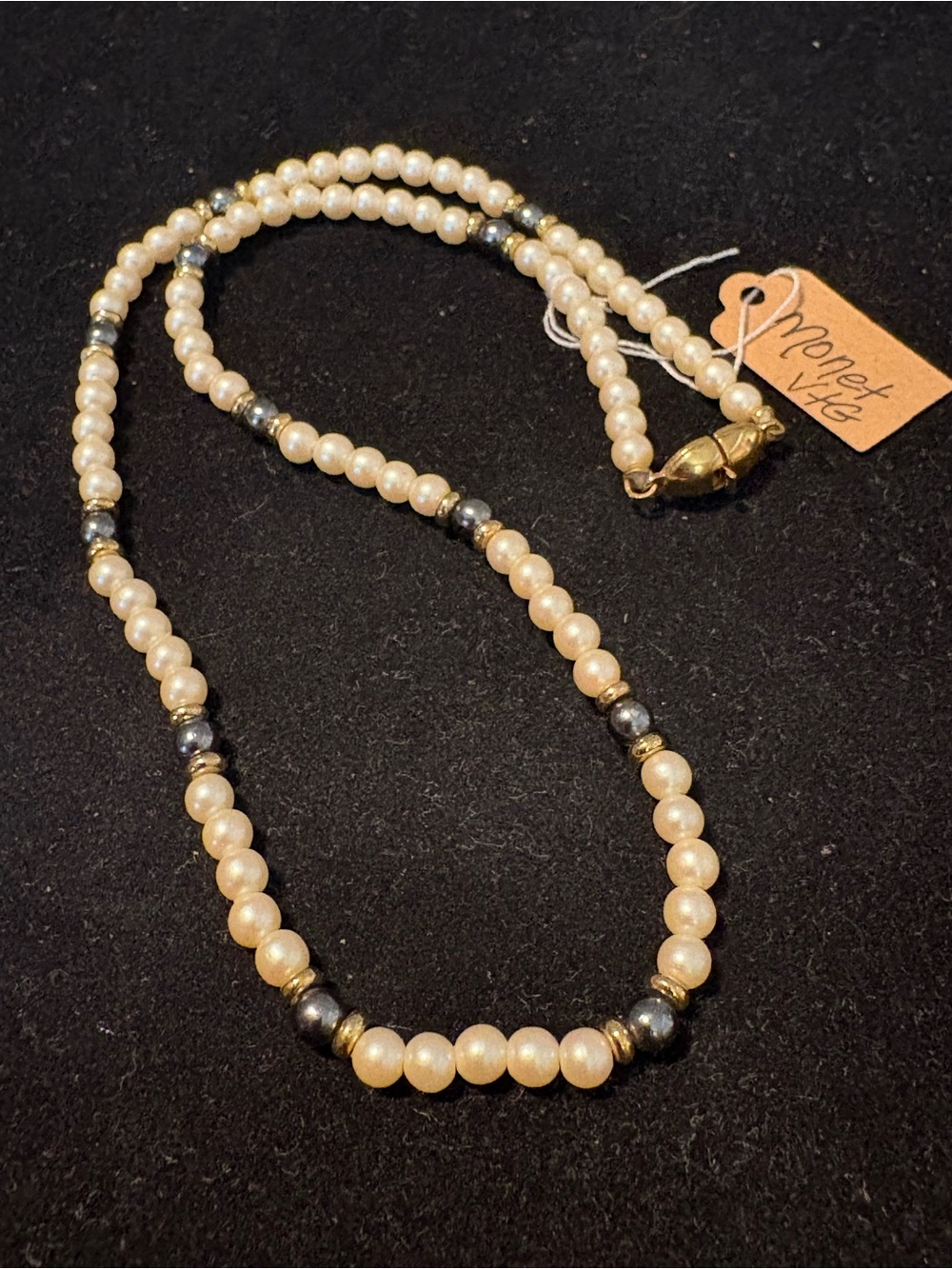 Vtg. MONET Pearl and Hematite Bead Necklace - Classic Cream and Silver Style
